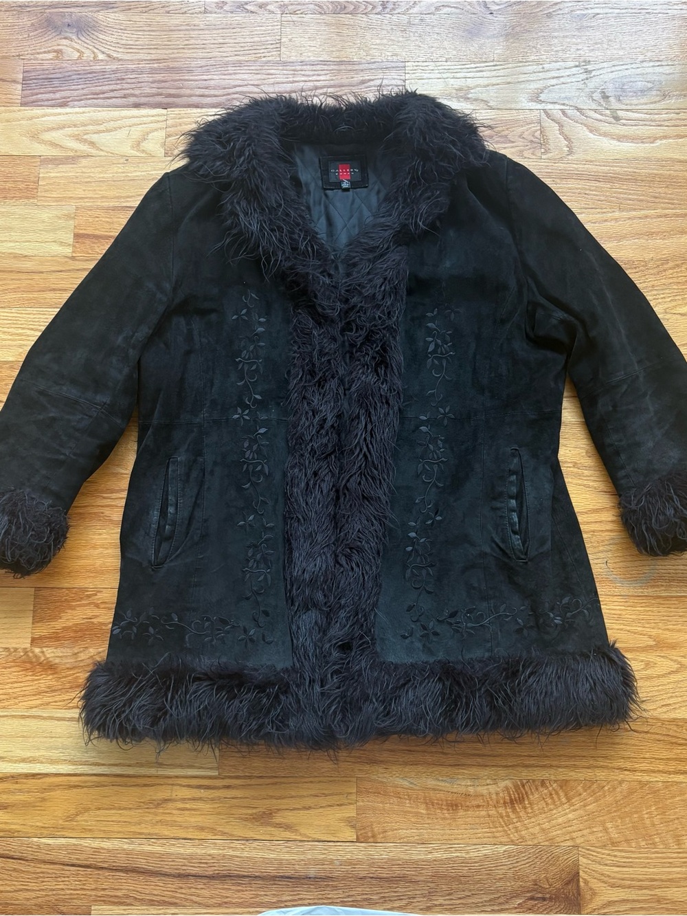Penny lane Black Faux Fur Trim Suede Coat Y2K vintage